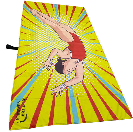 Colorful towel with a pop art design of a person diving on a white background.
