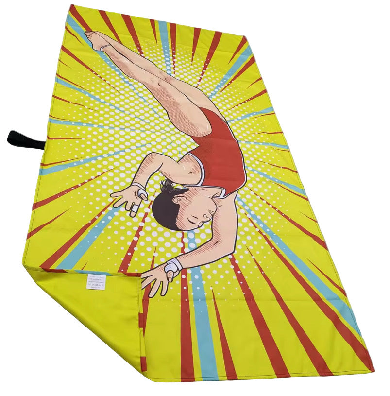 Colorful towel with a pop art design with a diver on a white background.