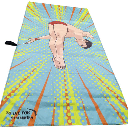 Colorful towel with graphic design of a diver on a white background.