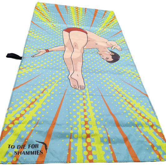 Colorful towel with graphic design of a diver on a white background.