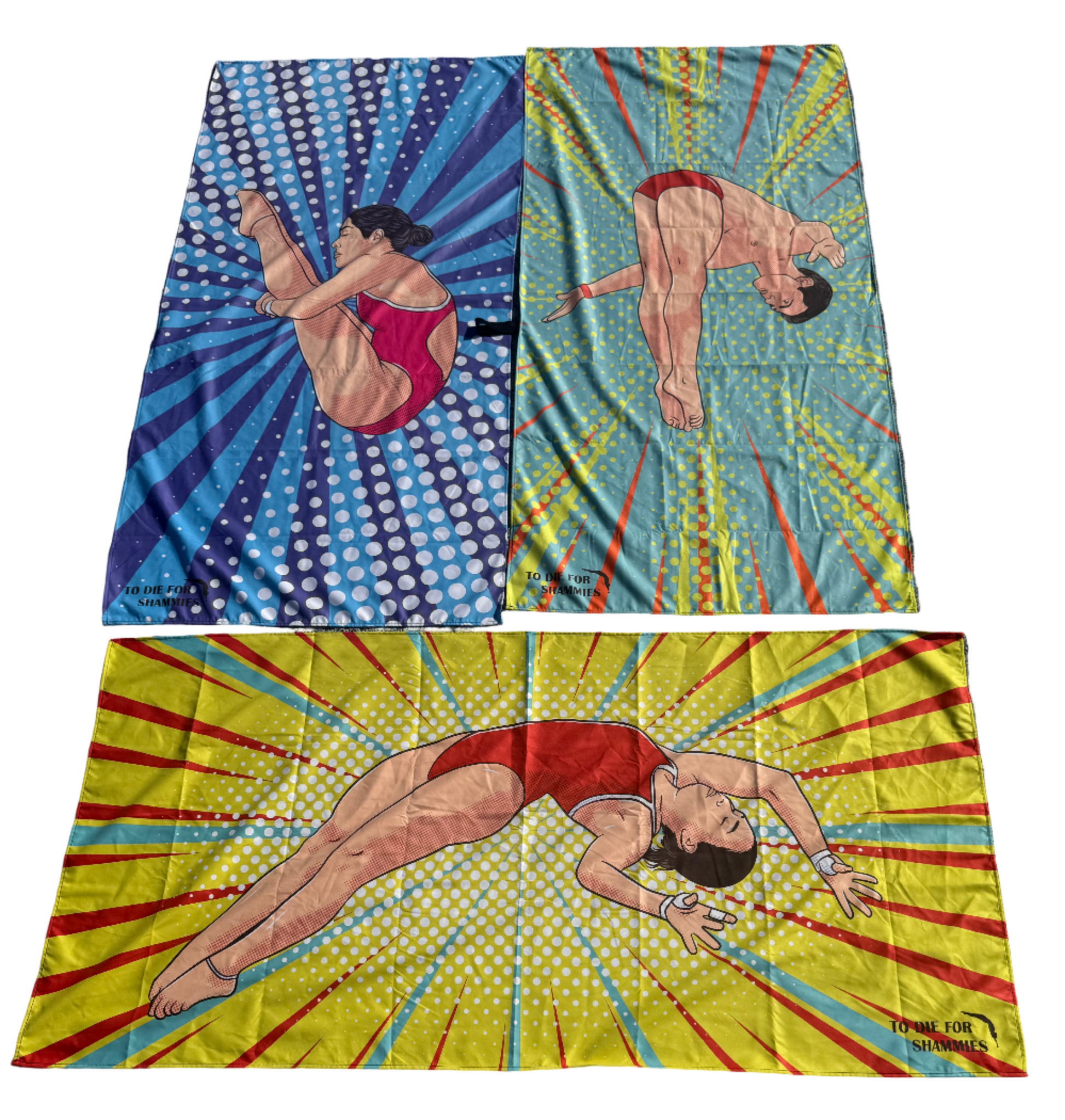 Three colorful towels featuring artistic depictions of a woman diving, with vibrant patterns and colors.