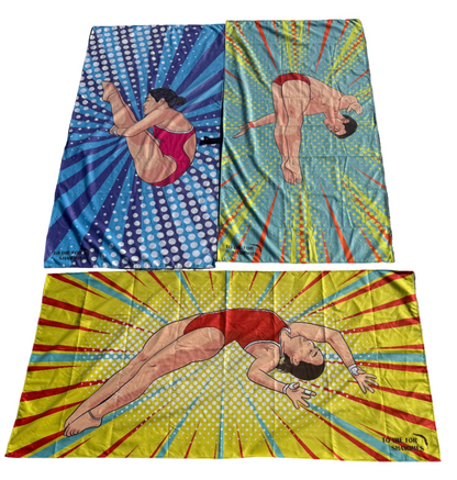 Three colorful towels featuring artistic depictions of a woman diving, with vibrant patterns and colors.