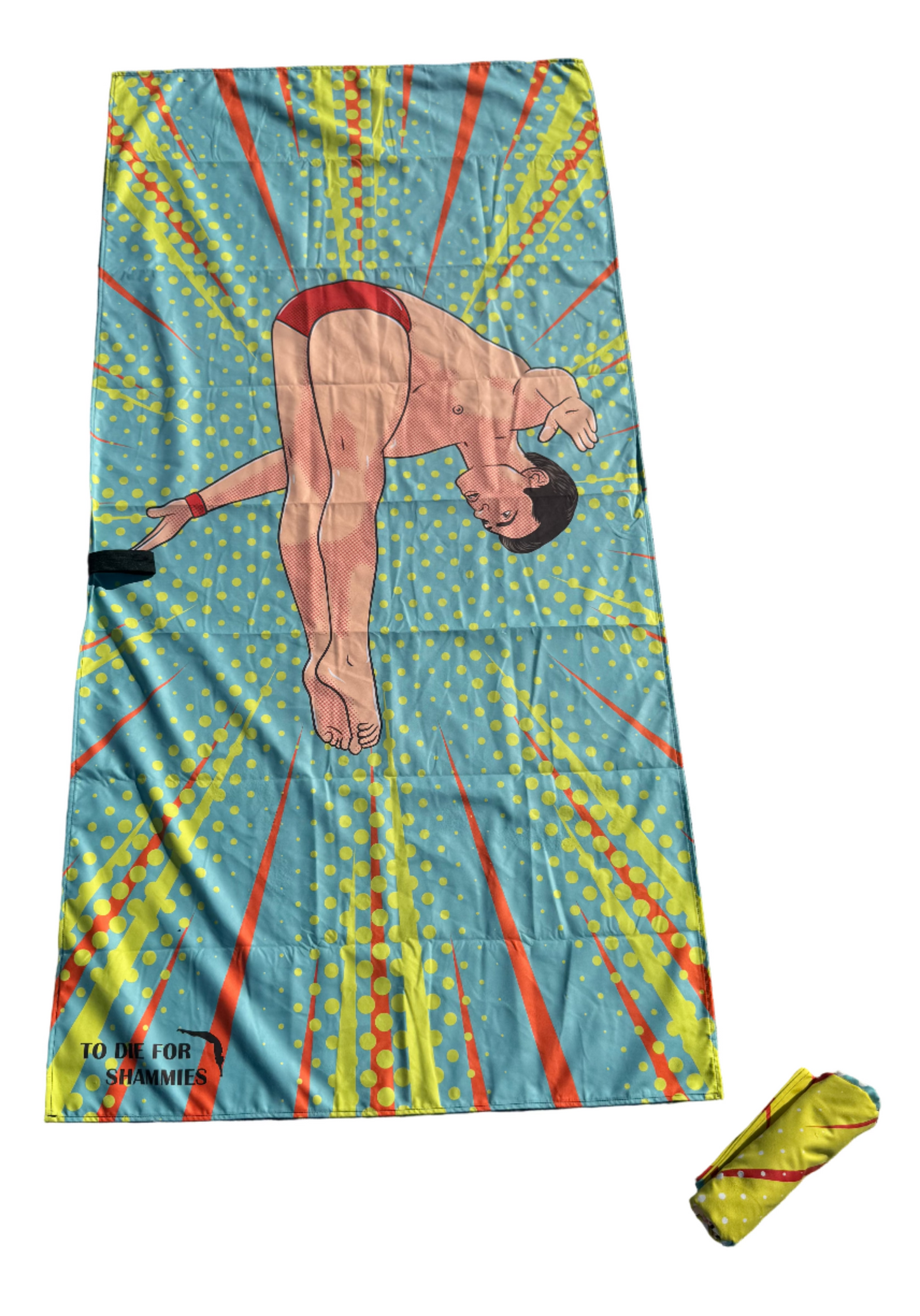 Colorful towel with a graphic design of a person diving, placed on a white surface.