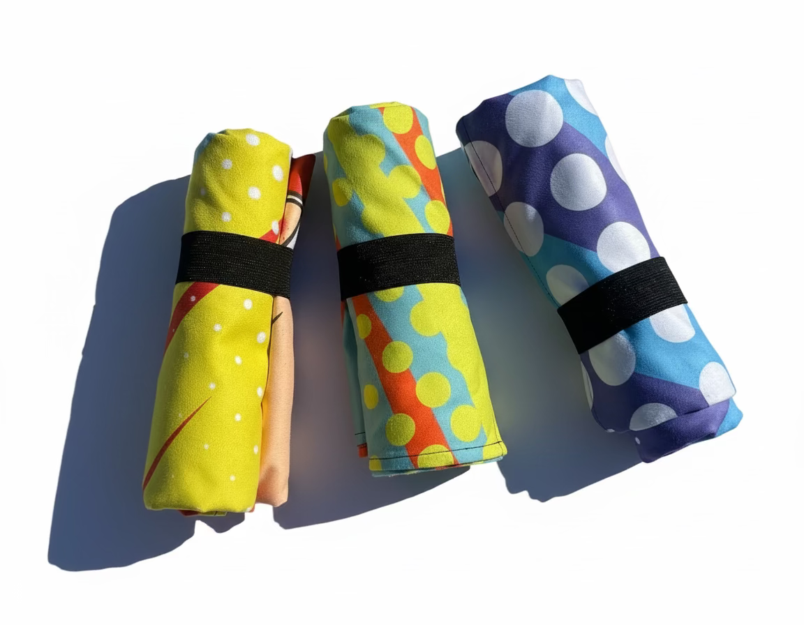 Three colorful rolled-up towels.